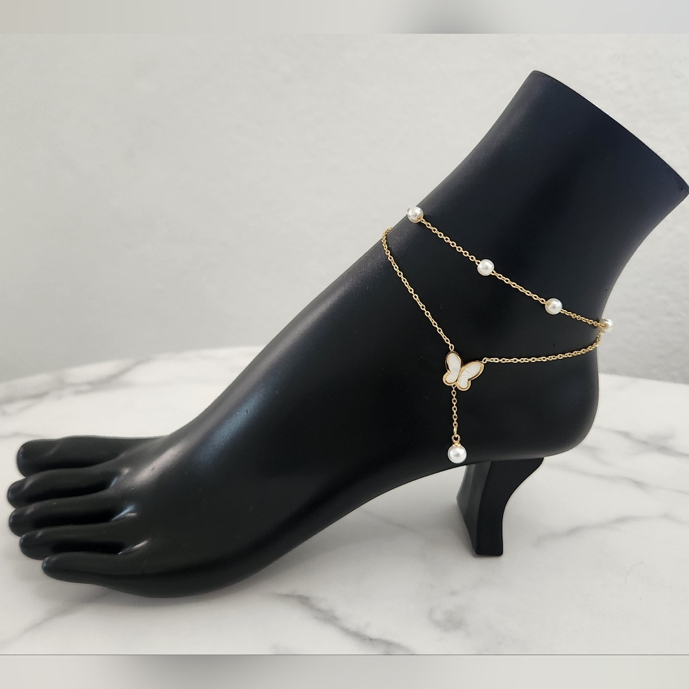 Gold Plated Butterfly Artificial Pearl Layered Design Anklet